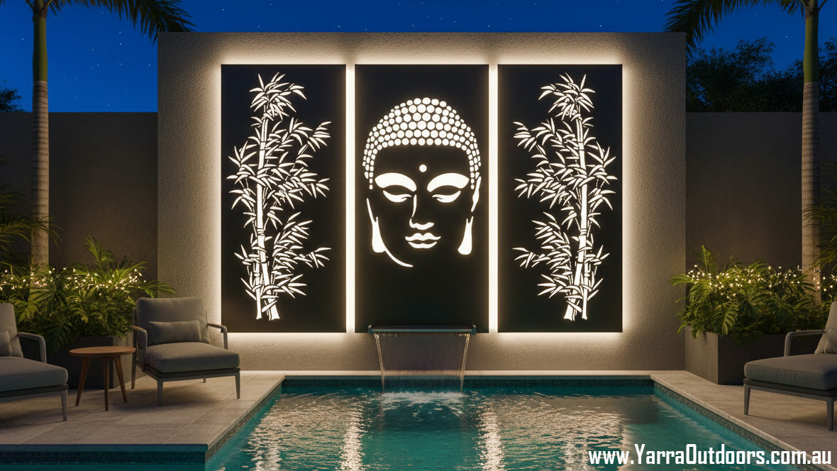 Buddha with Bamboo Trees - CORTEN Steel / Powder Coated Decorative Wall Panel