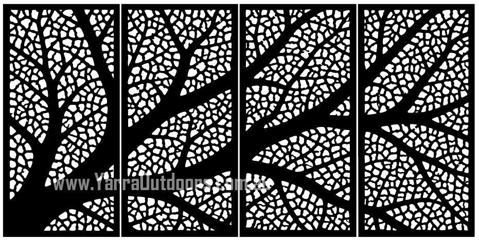 Forest Veins 4 panel laser cut privacy screen with flowing tree branch design installed in a modern outdoor pergola
