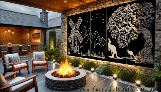 5 Panels - Windmill and Kangaroo  Rusting Steel or Powder Coated Decorative Wall Panel