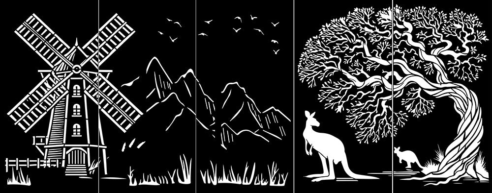 5 Panels - Windmill and Kangaroo  Rusting Steel or Powder Coated Decorative Wall Panel