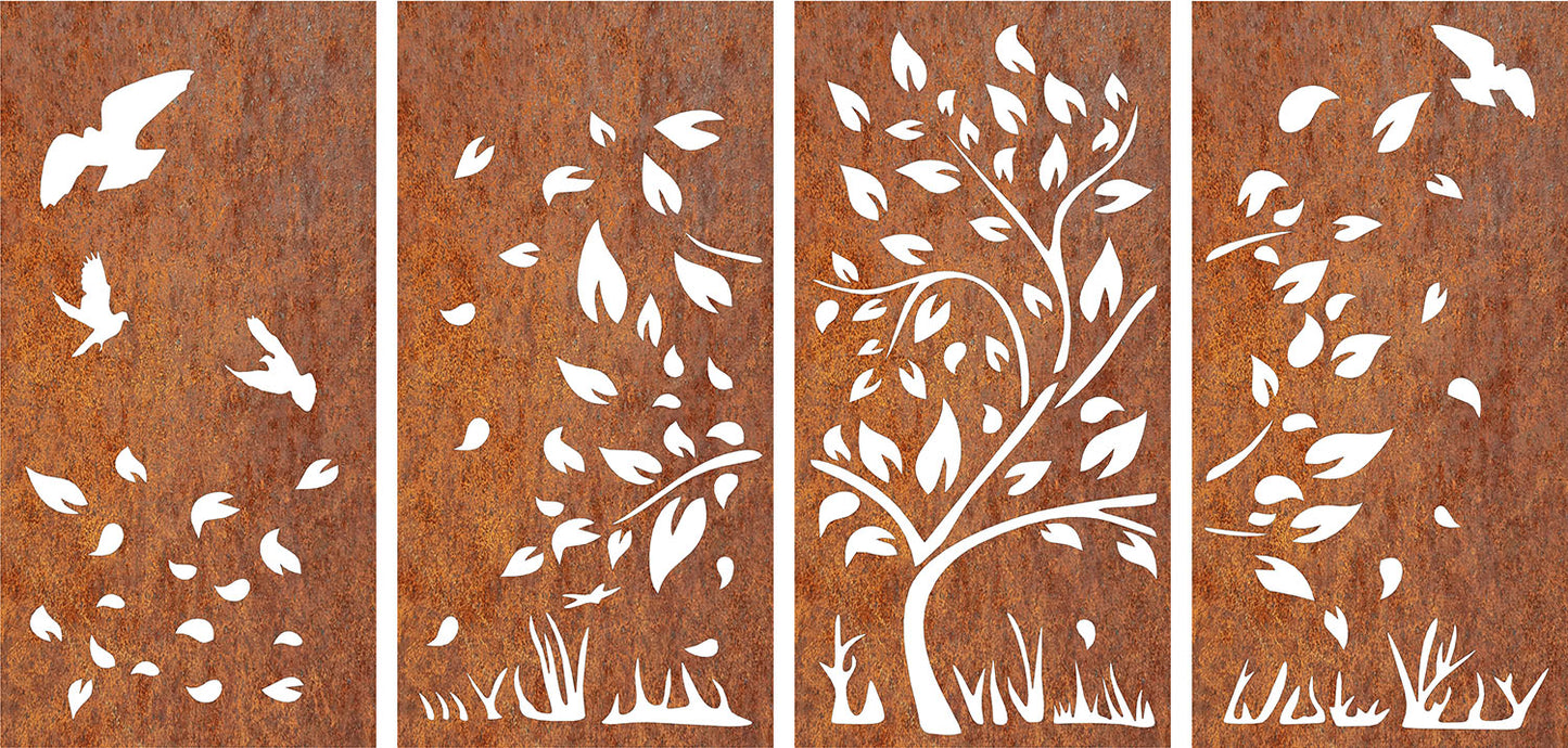 Tree & Birds 4 panels - CORTEN Steel / Powder Coated Decorative Wall Panel
