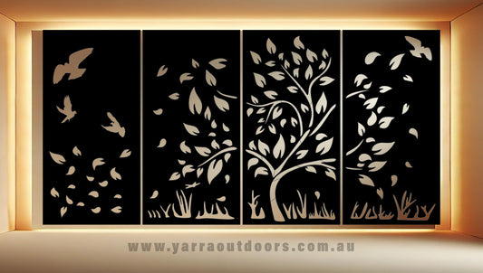 Tree & Birds 4 panels - CORTEN Steel / Powder Coated Decorative Wall Panel