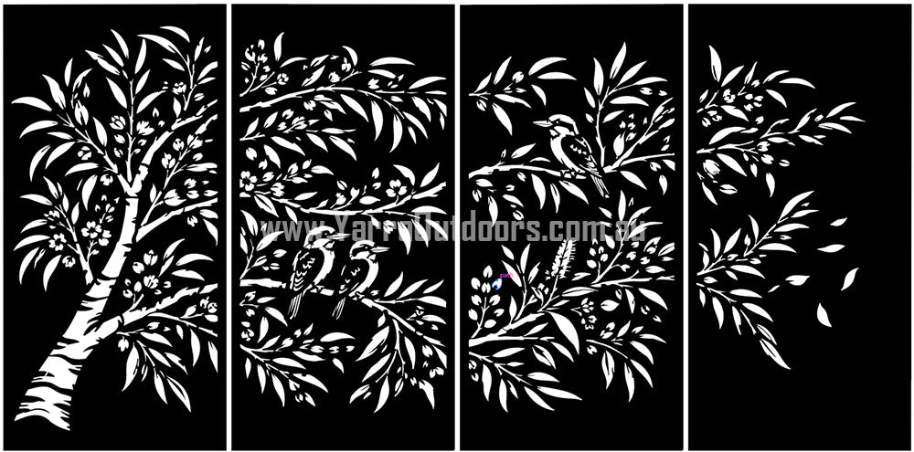 Bushland Harmony four panel Australian laser cut screen featuring native birds, gum tree branches and eucalyptus foliage