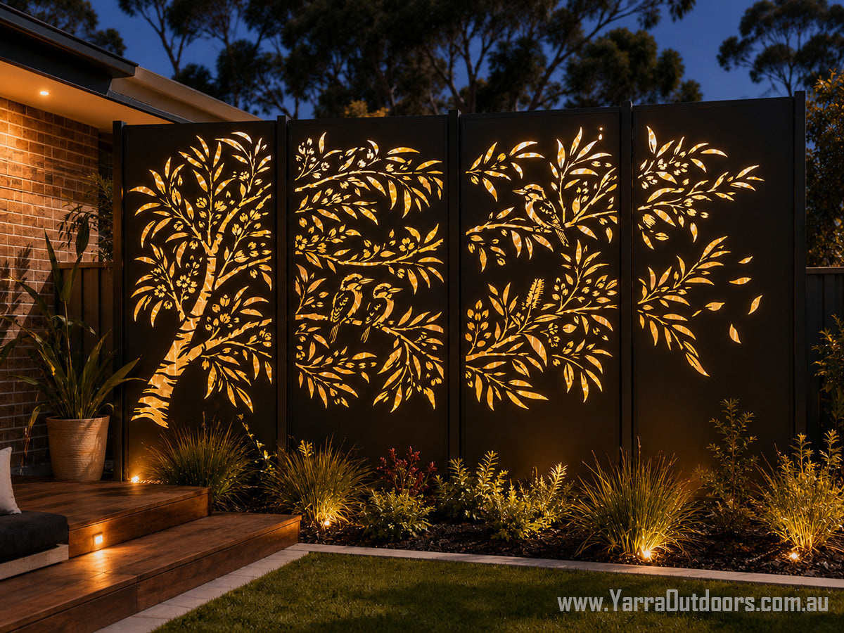 Bushland Harmony four panel Australian laser cut screen featuring native birds, gum tree branches and eucalyptus foliage