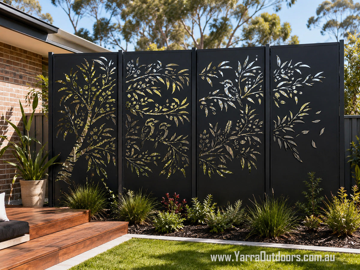 Bushland Harmony four panel Australian laser cut screen featuring native birds, gum tree branches and eucalyptus foliage