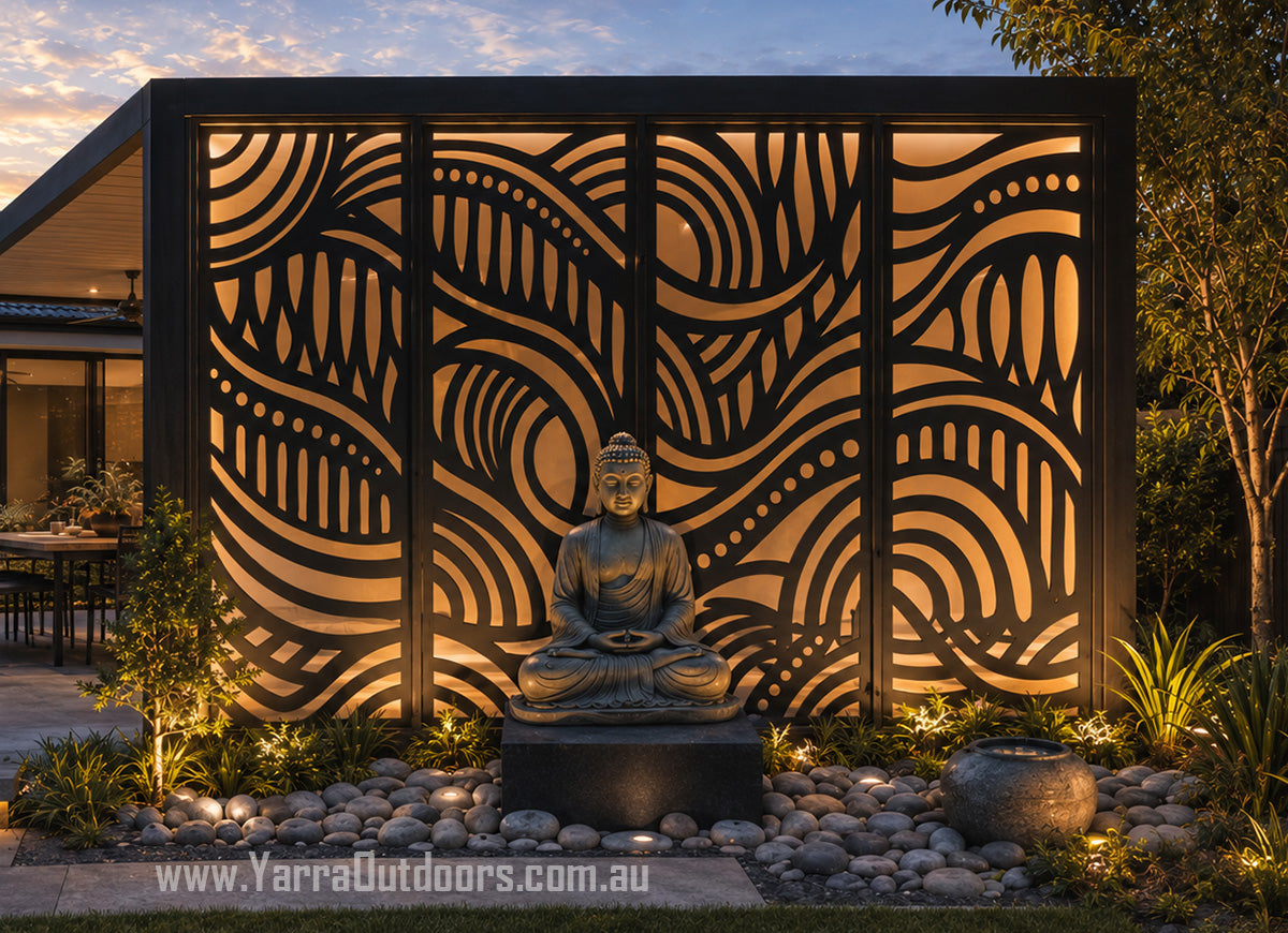 Elemental Flow 4 panel laser cut privacy screen installed as a decorative feature wall in a modern Australian outdoor pergola
