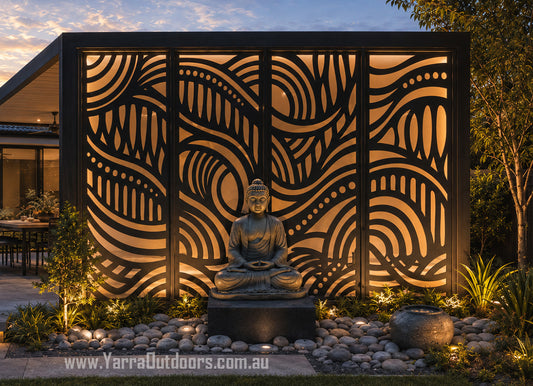 Elemental Flow 4 panel laser cut privacy screen installed as a decorative feature wall in a modern Australian outdoor pergola