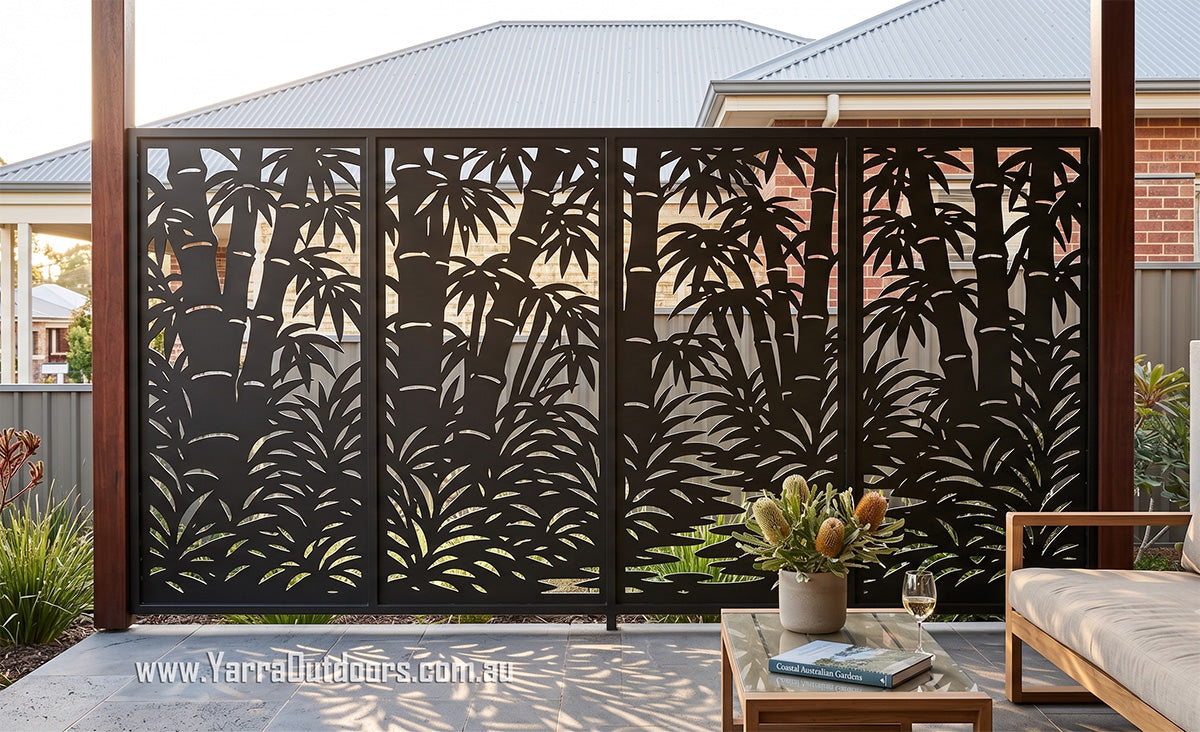 Forest Retreat four panel laser cut privacy screen with bamboo inspired forest design