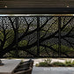 Forest Veins 4 panel laser cut privacy screen with flowing tree branch design installed in a modern outdoor pergola