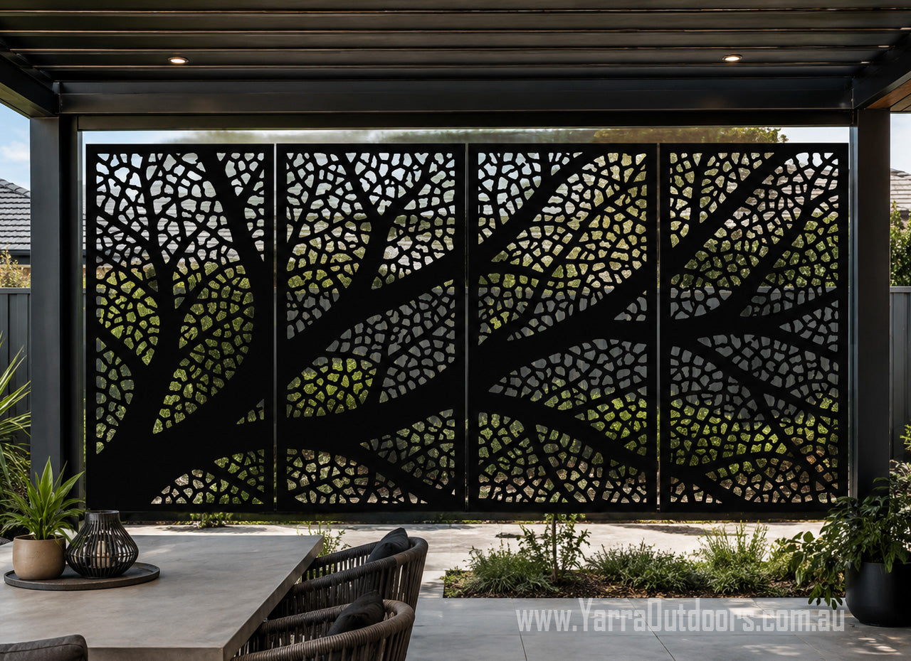 Forest Veins 4 panel laser cut privacy screen with flowing tree branch design installed in a modern outdoor pergola