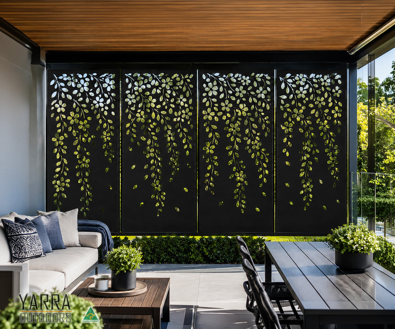 Garden Falls 4 panel floral laser cut privacy screen installed in a modern Australian pergola with warm evening lighting