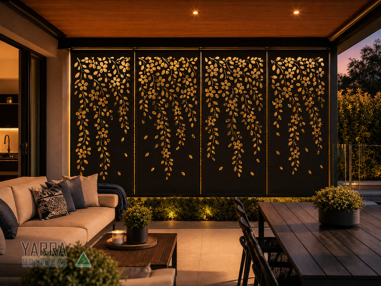 Garden Falls 4 panel floral laser cut privacy screen installed in a modern Australian pergola with warm evening lighting