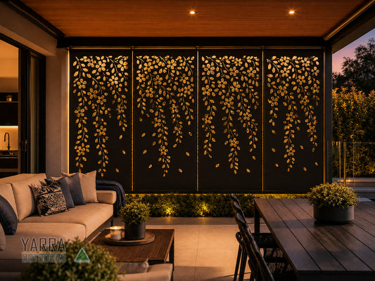 Garden Falls 4 panel floral laser cut privacy screen installed in a modern Australian pergola with warm evening lighting