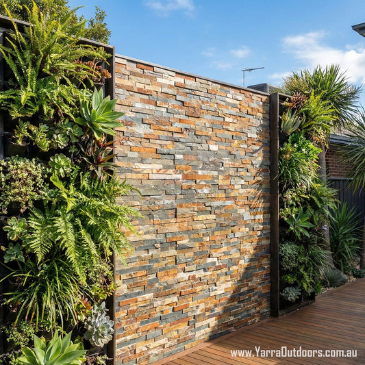 Rusty charcoal stack stone cladding installed on modern feature wall
