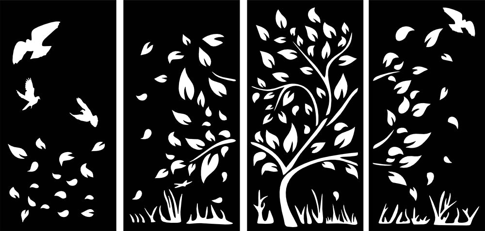 Tree & Birds 4 panels - CORTEN Steel / Powder Coated Decorative Wall Panel